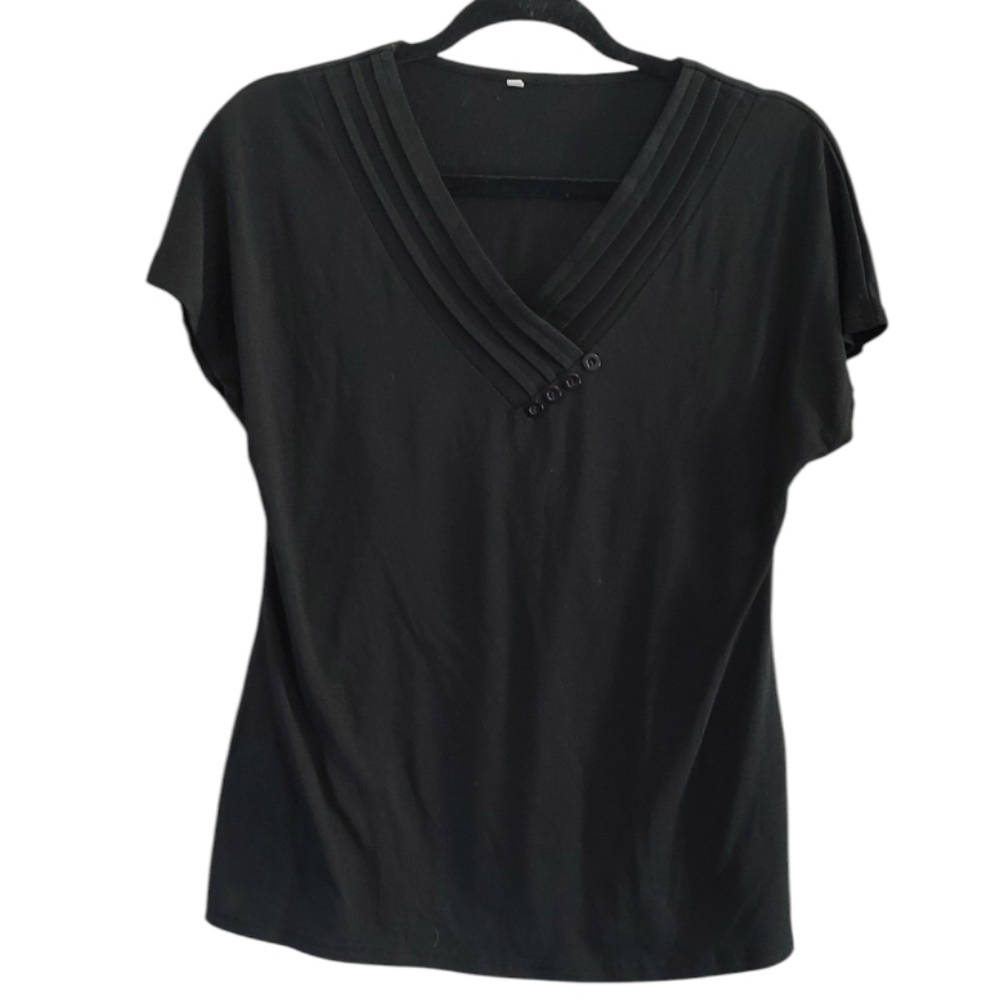 Black Short Sleeve V Neck Top